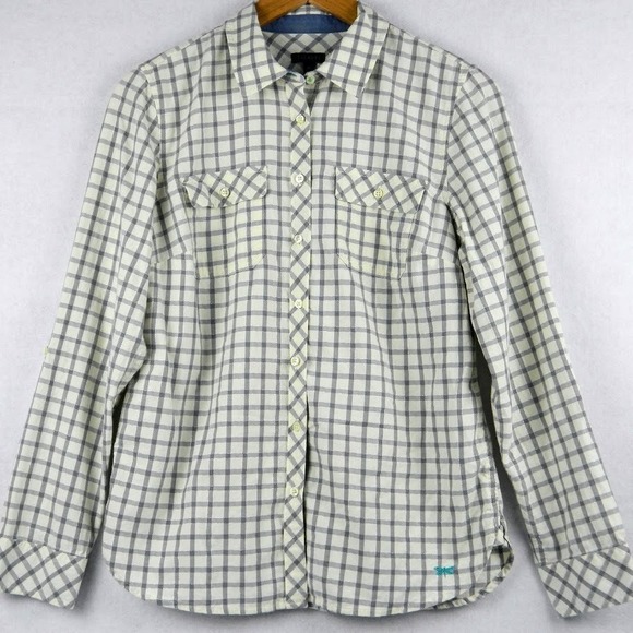Talbots Women's Grey Cream w/Silver Metallic Plaid Button Up Shirt Size Medium - Picture 1 of 7